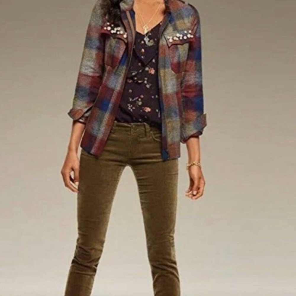 CAbi Style #3555- Medium Multicolor Plaid Collage Jacket with Pearl Accents